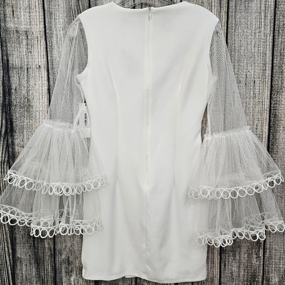 INA White Knit Nwt Mini Sheath Dress with Mesh Tiered Bell Sleeves - Picture 13 of 17